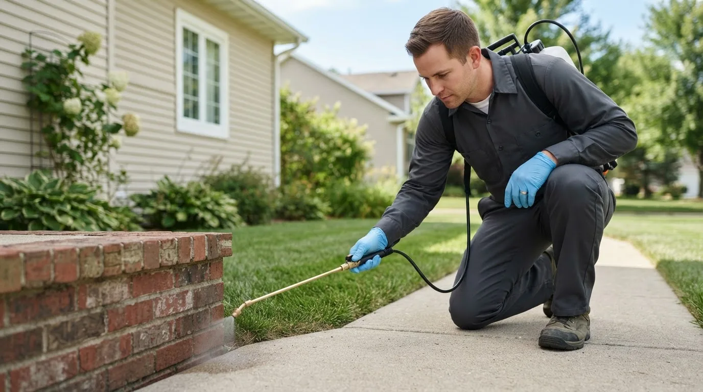 Pest control technician treating a home near Watertown, CT